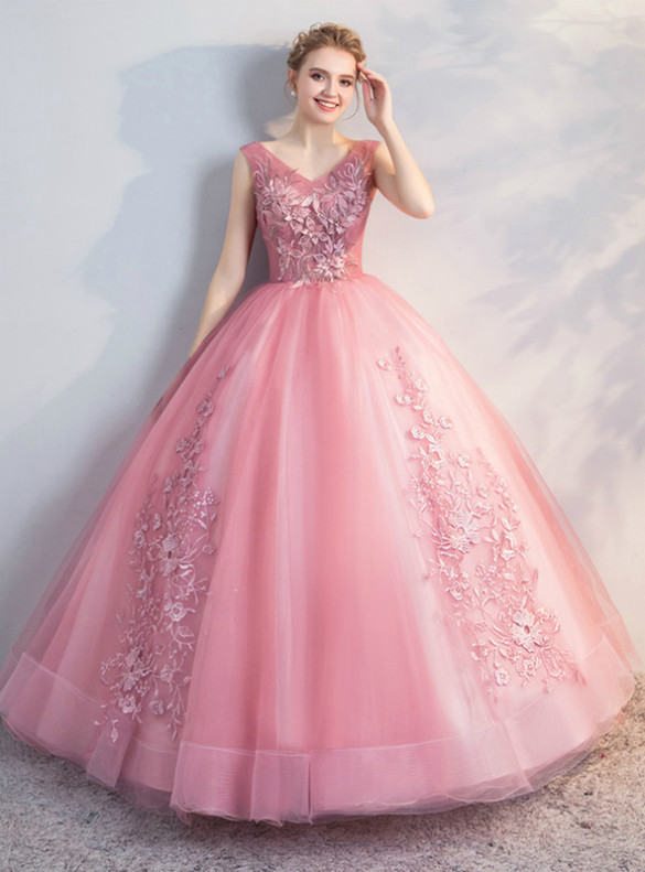 In Stock:Ship in 48 Hours Pink Tulle V-neck Quinceanera Dress