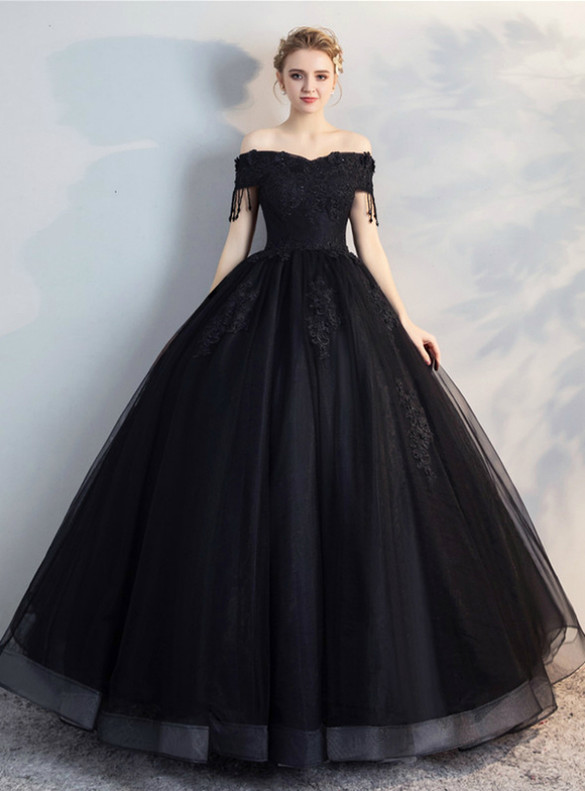 In Stock:Ship in 48 Hours Black Tulle Appliques Quinceanera Dress