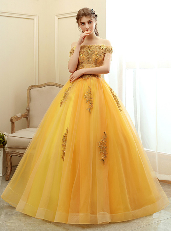 In Stock:Ship in 48 Hours Gold Appliques Beading Quinceanera Dress