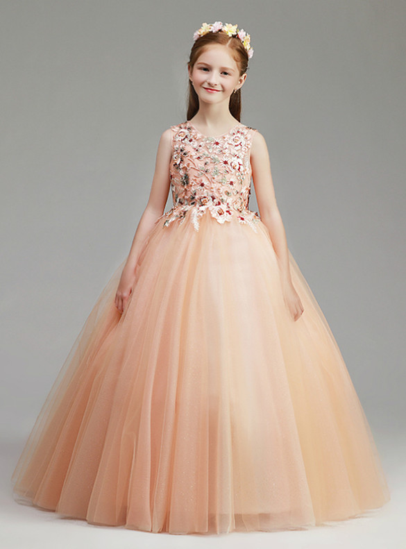 In Stock:Ship in 48 Hours Orange Tulle Appliques Flower Girl Dress