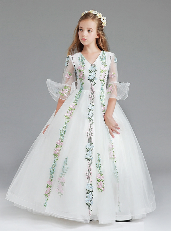 In Stock:Ship in 48 Hours White Tulle Short Sleeve Flower Girl Dress