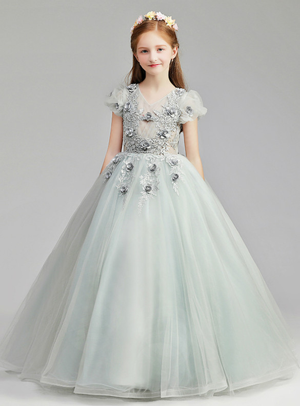 In Stock:Ship in 48 Hours Gray V-neck Appliques Flower Girl Dress