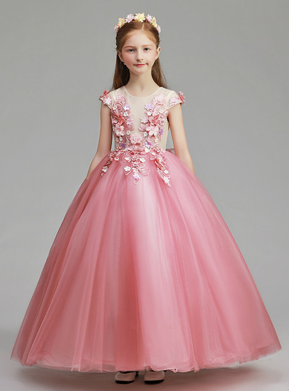 In Stock:Ship in 48 Hours Pink Cap Sleeve Appliques Flower Girl Dress