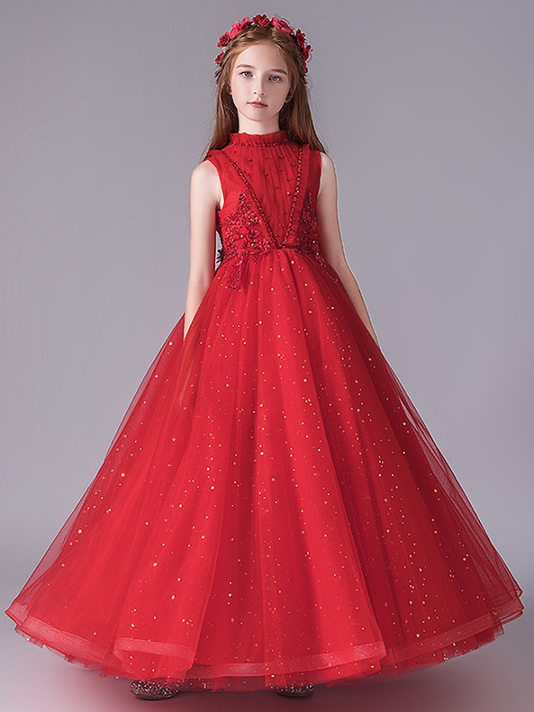 In Stock:Ship in 48 Hours Red Sequins Appliques Flower Girl Dress
