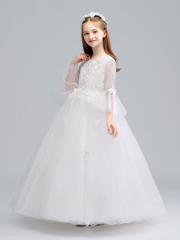 In Stock:Ship in 48 Hours White Embroidery Appliques Flower Girl Dress