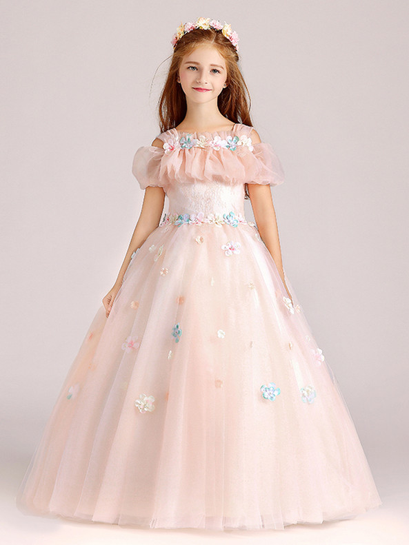 In Stock:Ship in 48 Hours Hot Sale Pink Tulle Appliques Flower Girl Dress