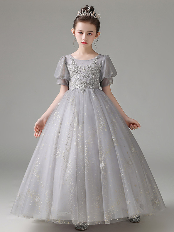 In Stock:Ship in 48 Hours Gray Sequins Puff Sleeve Flower Girl Dress
