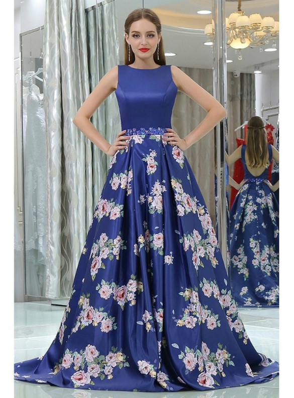Royal Blue Satin Print Backless Beading Prom Dress