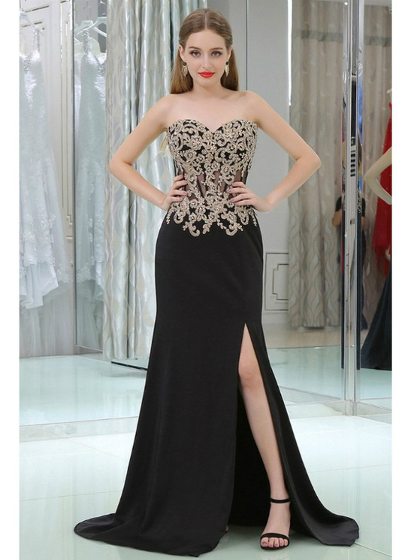 Black mermaid Strapless Appliques Prom Dress With Split