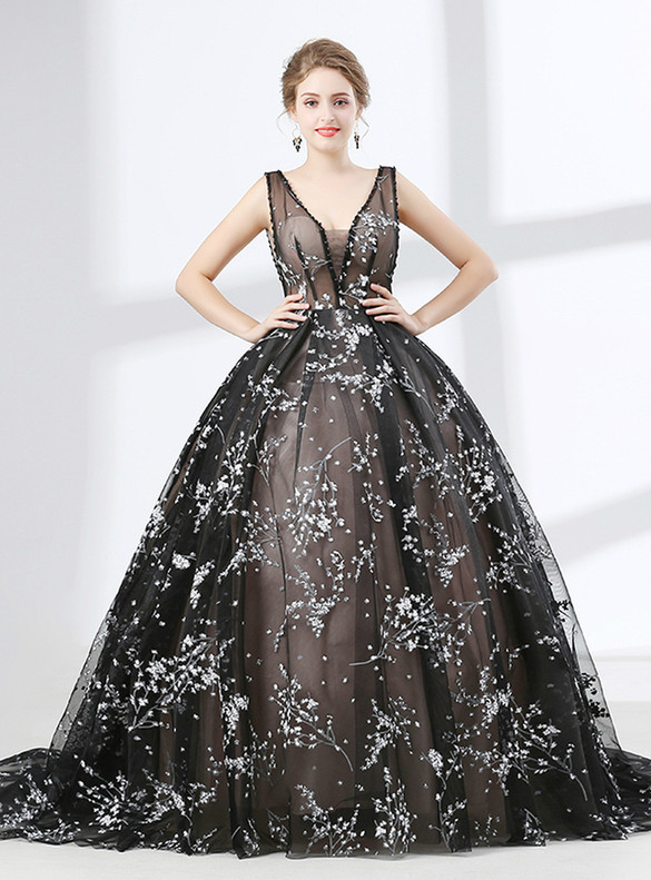 Black Tulle V-neck Print See Through Prom Dress