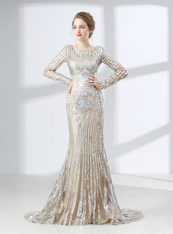 Long Sleeve Silver Mermaid Sequins Prom Dress