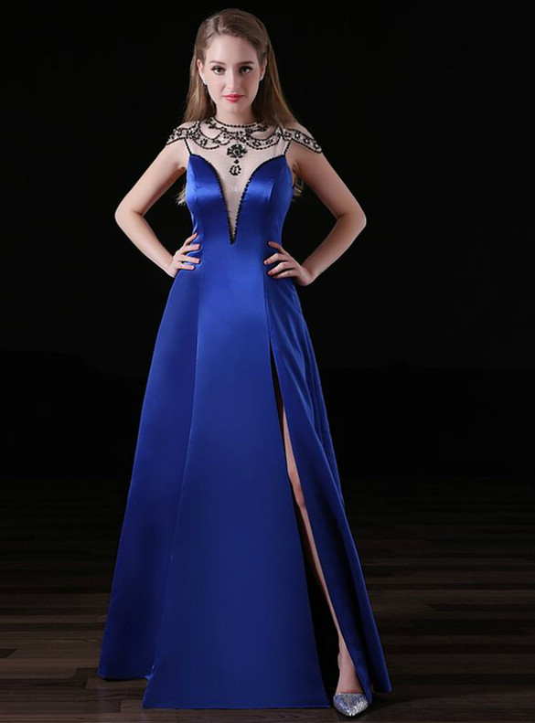 Royal Blue Blue Satin Beading Prom Dress With Split