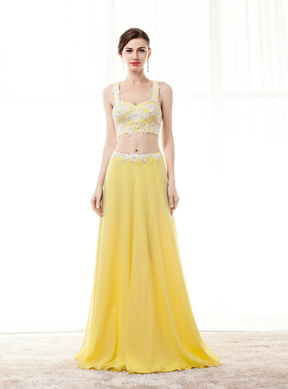 Yellow Chiffon Two Piece Straps Appliques Prom Dress