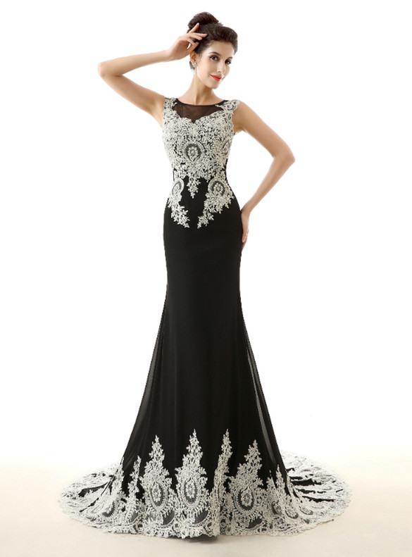 Black Mermaid Chiffon Appliques See Through Back Prom Dress