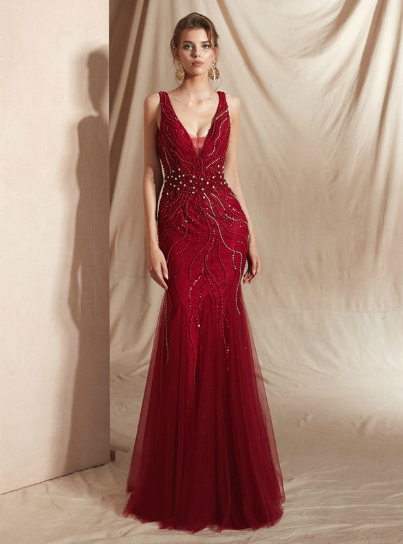 Sexy Burgundy Mermaid Lace Deep V-neck Beading Prom Dress