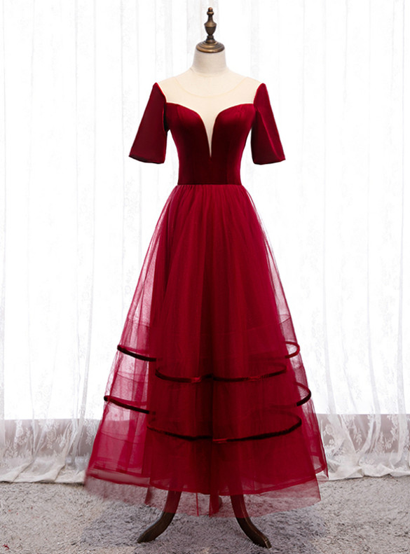 Tulle Velvet Short Sleeve Prom Dress