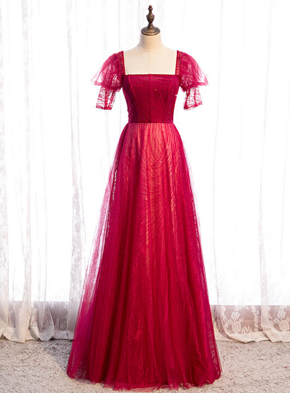 Burgundy Tulle Square Short Sleeve Beading Prom Dress