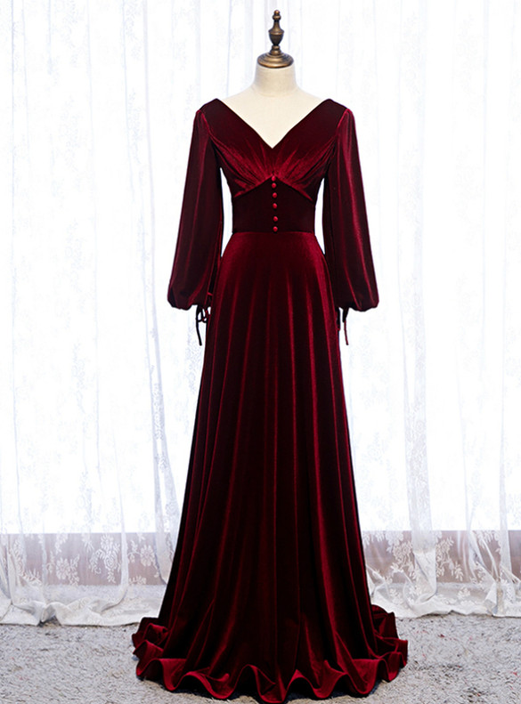 Burgundy Velvet Long Sleeve V-neck Prom Dress