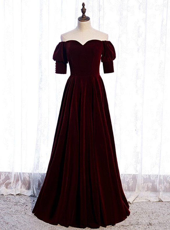 Burgundy Velvet Off the Shoulder Puff Sleeve Prom Dress