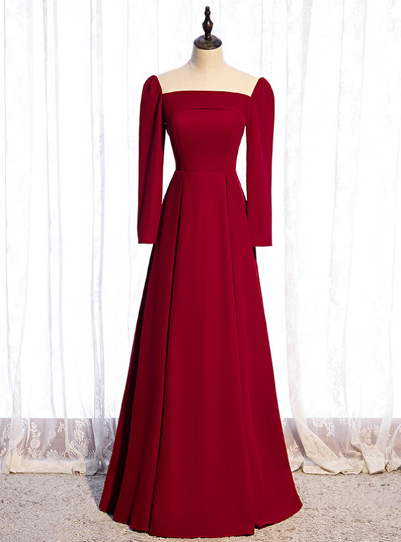 Burgundy Long Sleeve SeeThrough Neck Prom Dress