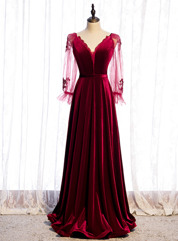 Burgundy V-neck Velvet Long Sleeve Prom Dress