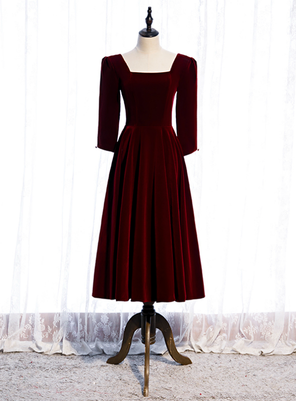 Burgundy Velvet Short Sleeve Square Neck Prom Dress