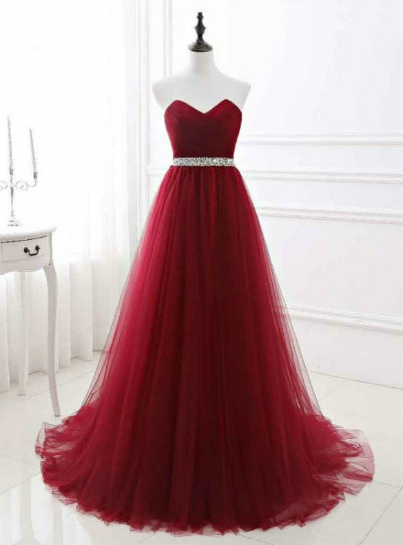 Burgndy Tulle Sweetheart Beading Floor Length Prom Dress