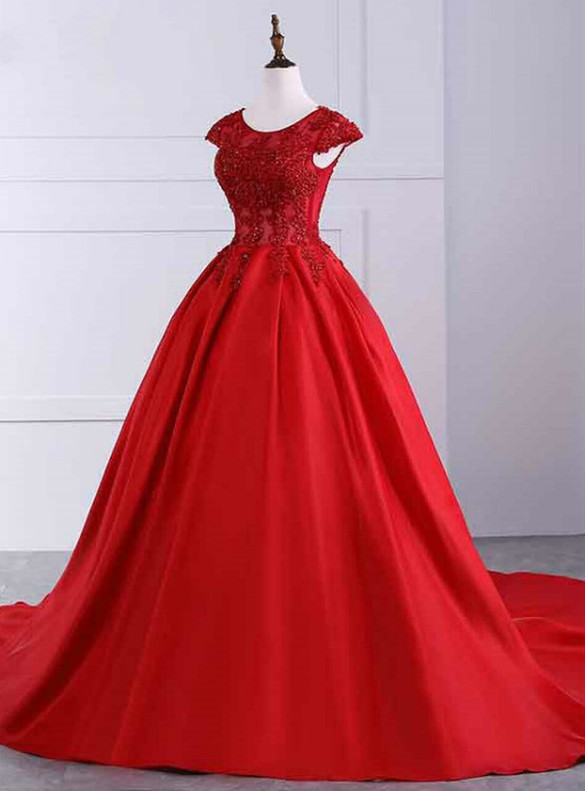 Red Ball Gown Satin Appliques Beading Prom Dresses