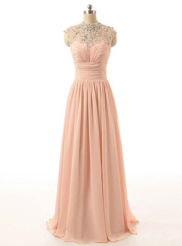 Lovely Pink Chiffon Pleats Beading Prom Dress