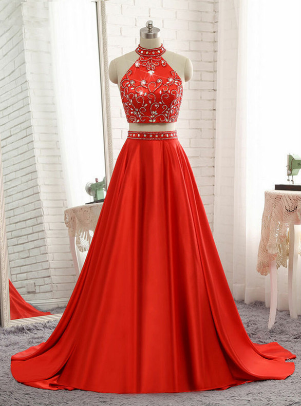 Red Two Piece Halter Beading Prom Dress