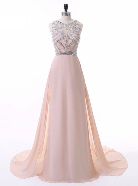 A-Line Pink Chiffon Beading Crystal Prom Dress