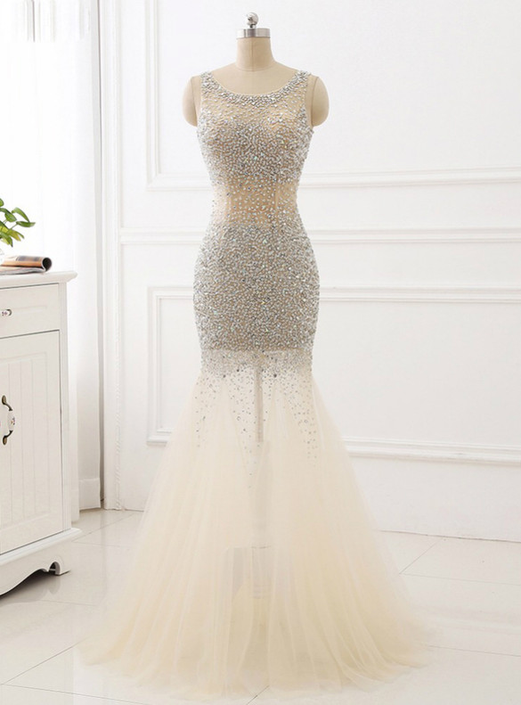 Champagne Heavy Beading Crystal Tulle Prom Dress