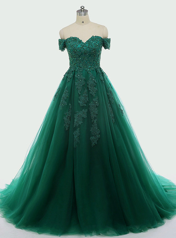 Green Tulle Off the Shoulder Appliques Beading Prom Dress