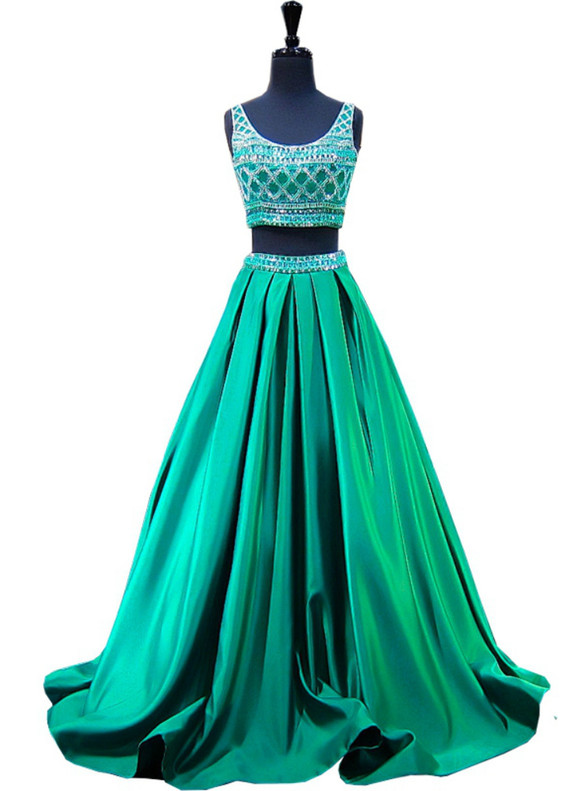 Green Two Piece Satin Beading Crystal Prom Dress