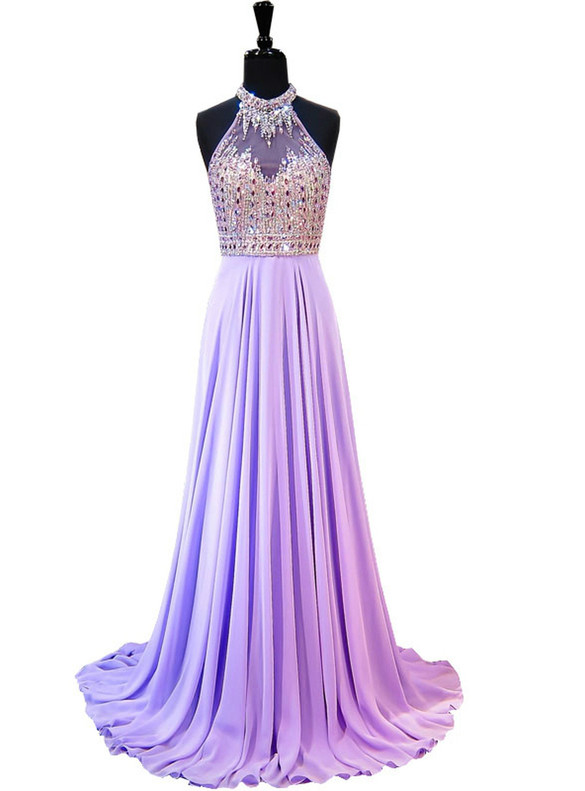 Purple Chiffon Halter Beading Crystal Prom Dress