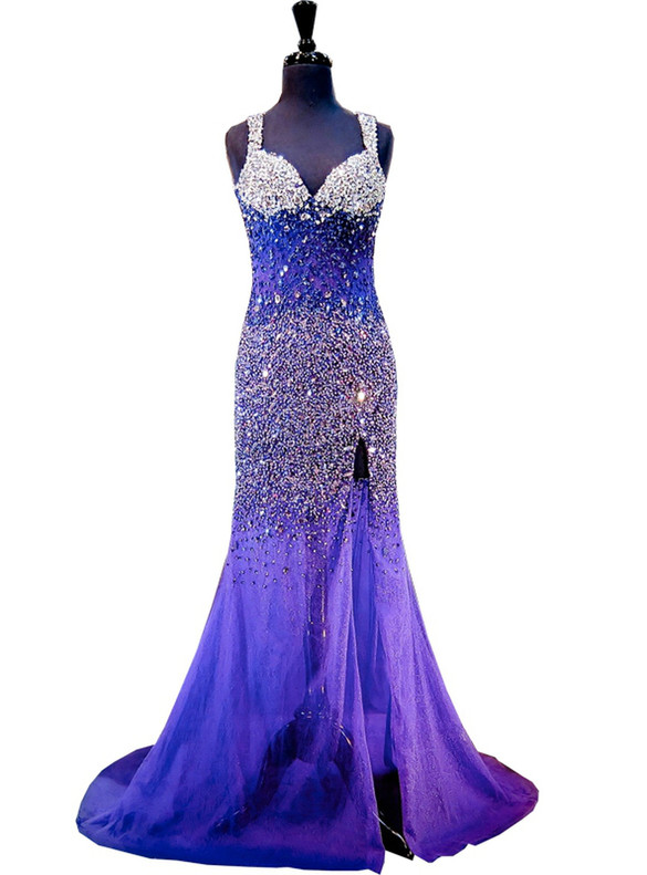 Purple Mermaid Straps Backless Beading Crystap Prom Dress