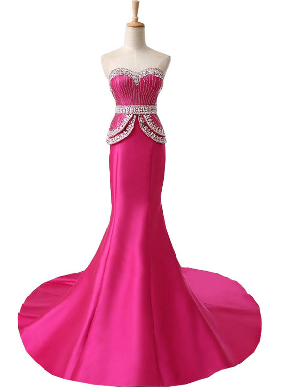 Fuchsia Mermaid Satin Sweetheart Beading Sequins Prom Dress