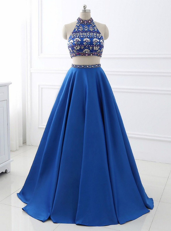 Royal Blue Satin Two Piece Beading Crystal Prom Dress