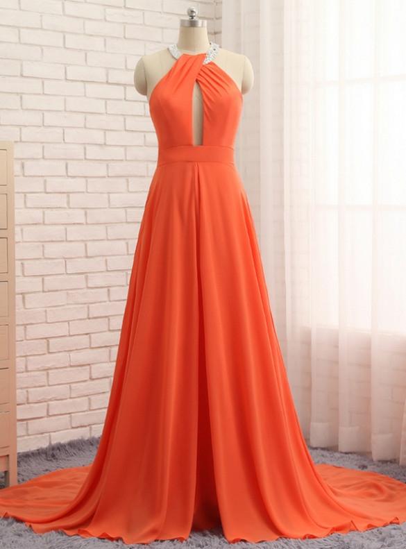 Orange Chiffon Halter Backless Prom Dress