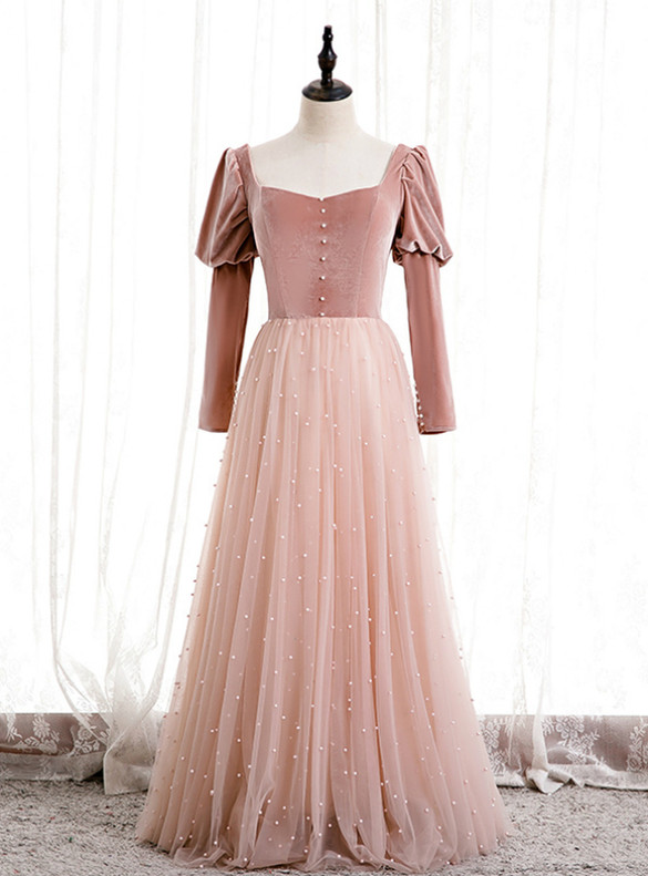 Pink Tulle Velvet Long Sleeve Square Prom Dress
