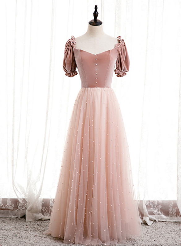 Pink Tulle Velvet Short Sleeve Pearls Prom Dress