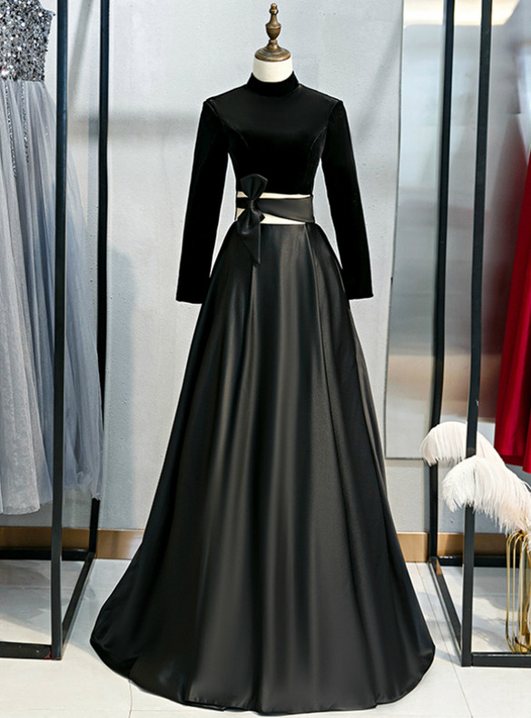 Black Satin Velvet High Neck Long Sleeve Prom Dress
