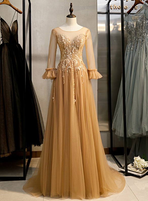 Gold Tulle Appliques Beading Long Sleeve Prom Dress