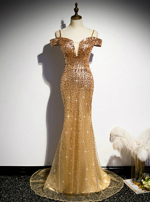 Gold Mermaid Sequins Spaghetti Straps Prom Dress