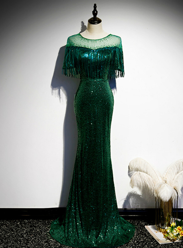 Green Mermaid Sequins Tiers Prom Dress