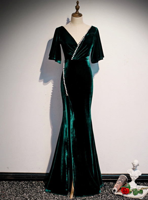 Green Velvet V-neck Short Sleeve Prom Dress