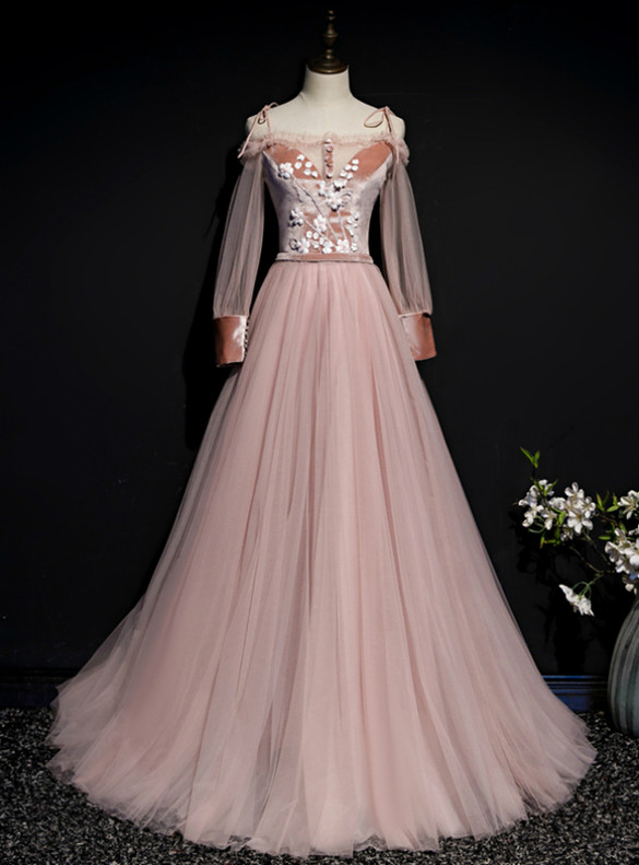 Pink Tulle Long Sleeve Spaghetti Straps Appliques Prom Dress