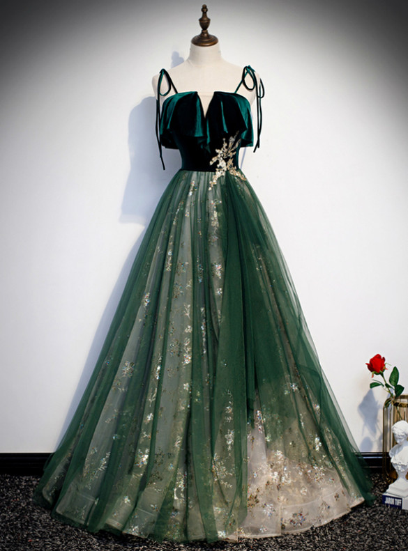 Green Tulle Sequins Spaghetti Straps Prom Dress