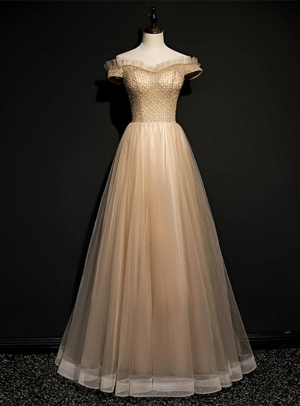Delicate Champagne Tulle Off the Shoulder Beading Prom Dress