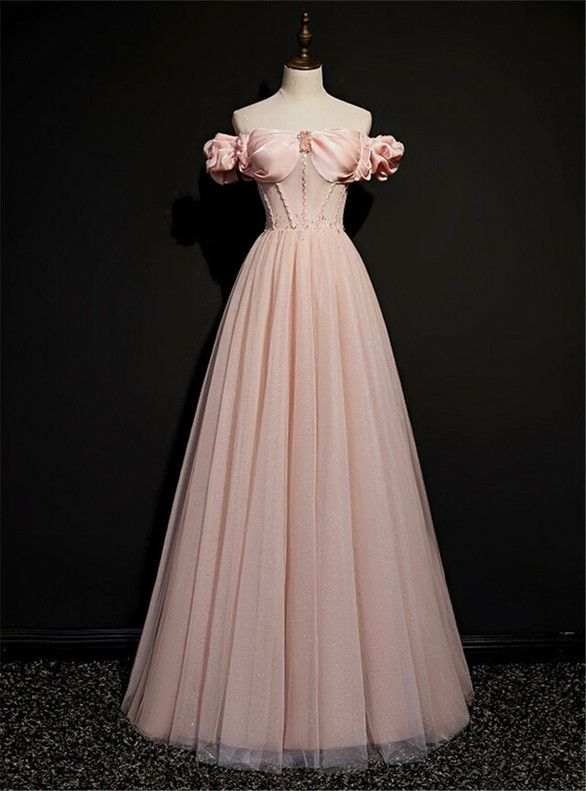 Pink Tulle Off the Shoulder Beading Prom Dress